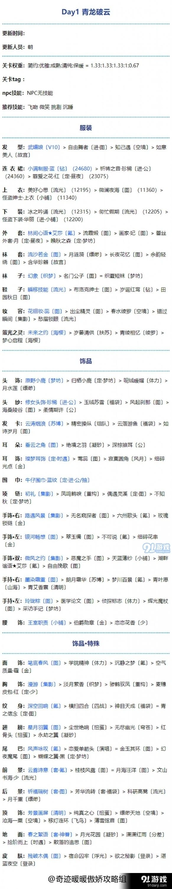 奇迹暖暖青龙破云第一天通关攻略